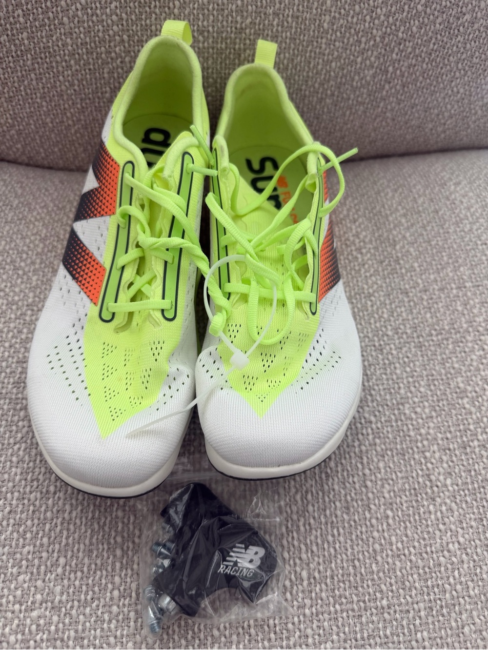 New Balance Neon Yellow & White Sprint Racing Shoes with Orange Accent